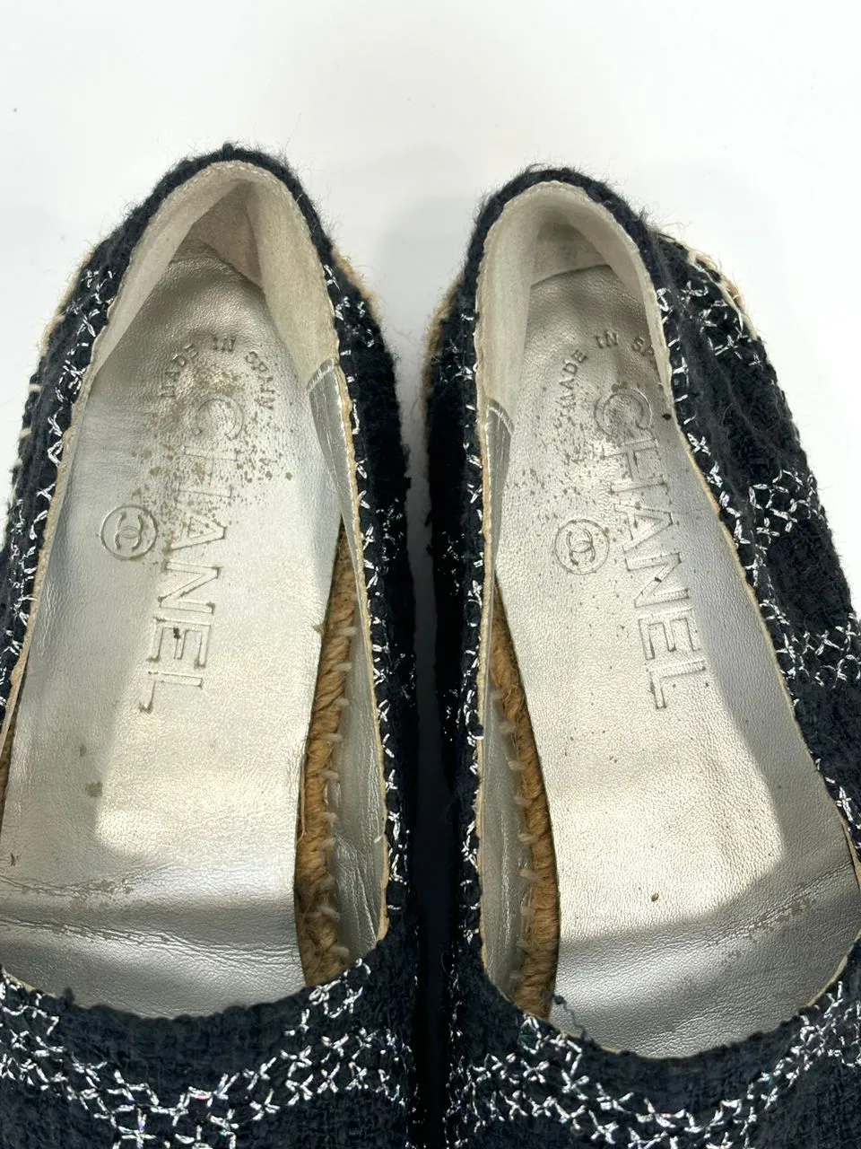 Tweed Cap Toe Espadrilles Silver CC Logo
