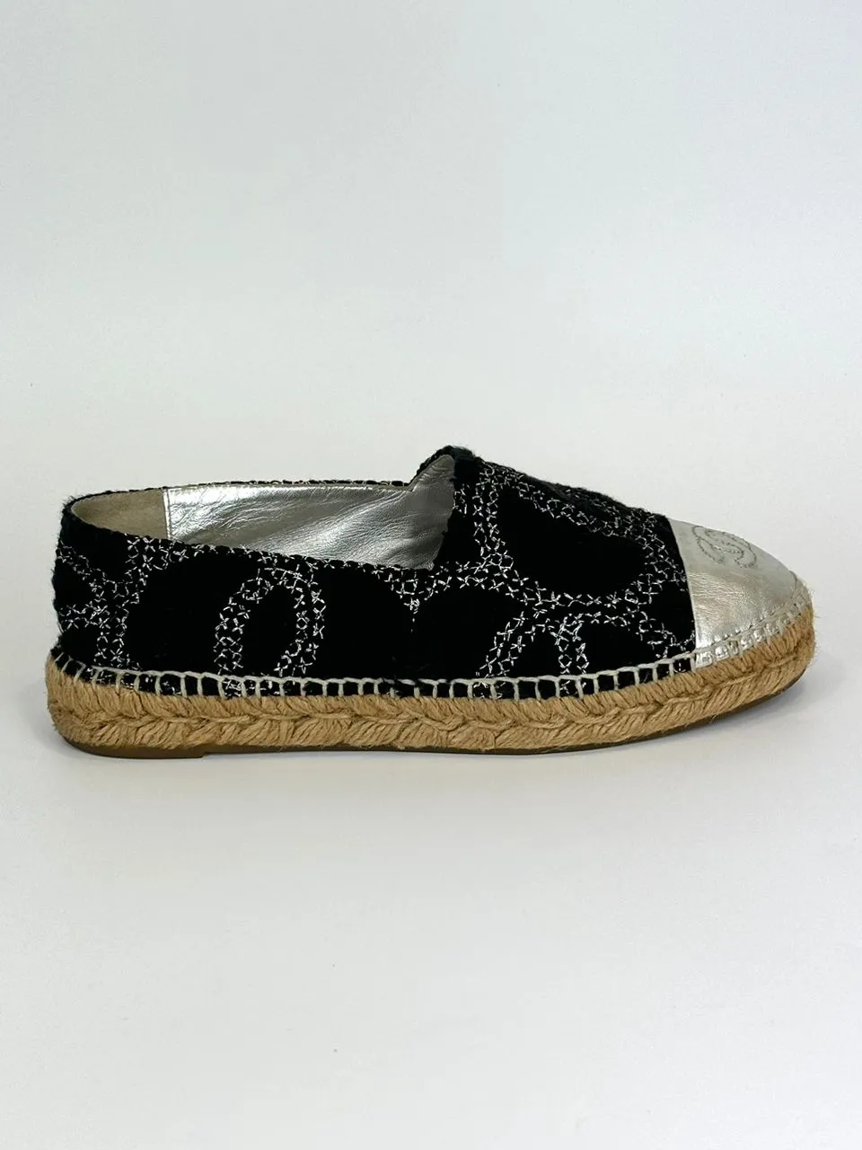 Tweed Cap Toe Espadrilles Silver CC Logo