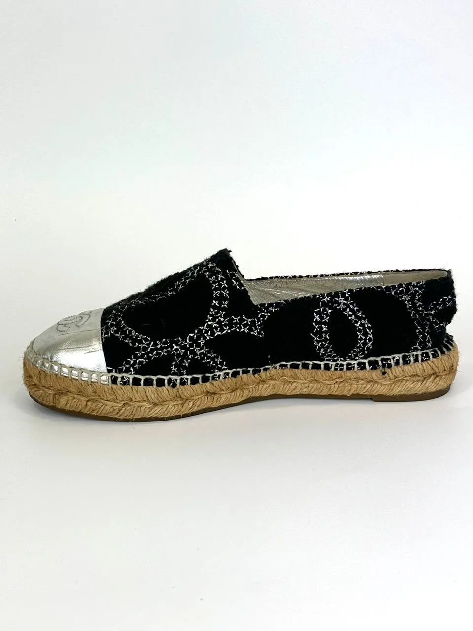 Tweed Cap Toe Espadrilles Silver CC Logo