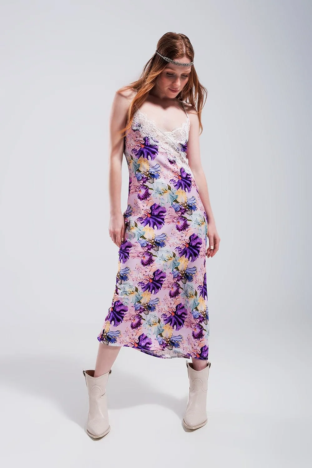 V Back Satin Midi Dress In Purple Clashing Floral Print
