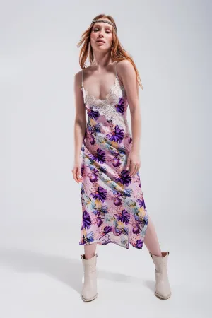 V Back Satin Midi Dress In Purple Clashing Floral Print
