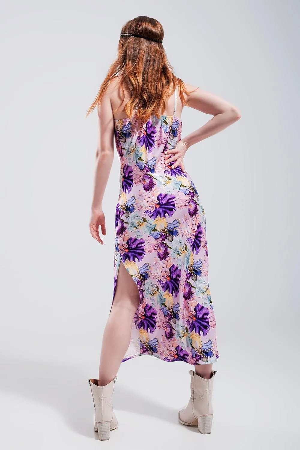 V Back Satin Midi Dress In Purple Clashing Floral Print