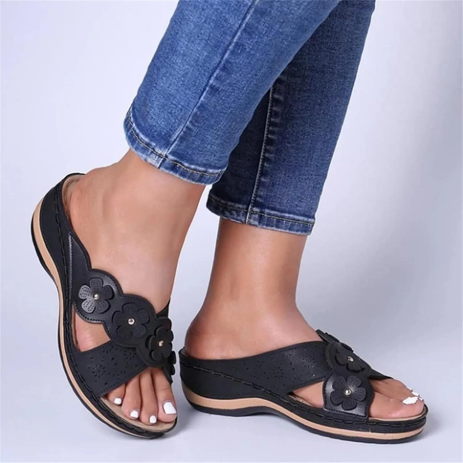 Womens Platform Wedge Sandals Orthopedic Sandals with Arch Support Cushion Footbed Platform Slide Hollowed Slip On Casual Bohemian Fashion Lightweight Slippers